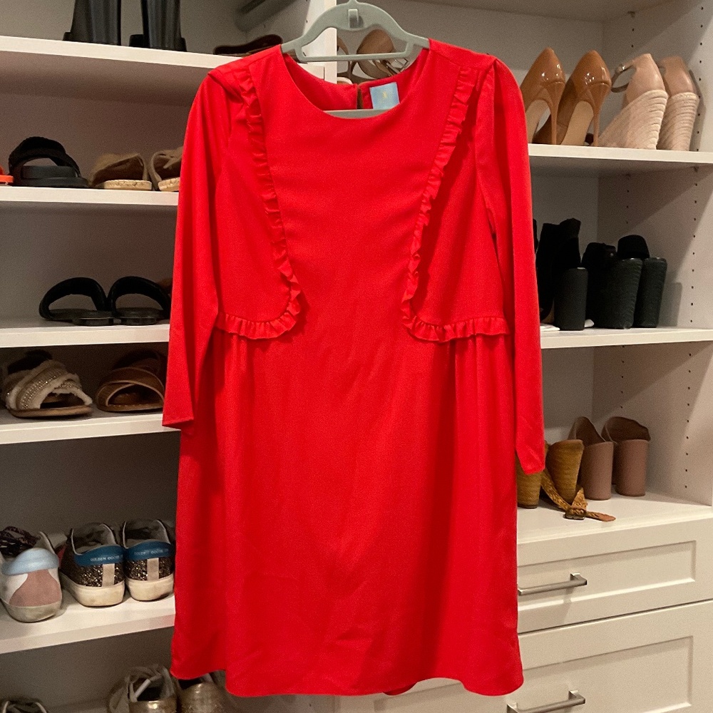 CeCe Poppy Red/Orange Shift Dress w Ruffle Details